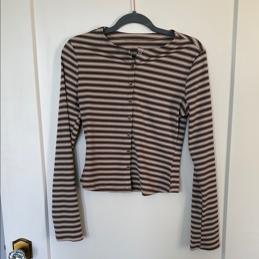 Missguided Long-Sleeve Striped Button-Up Top - Brown/Beige